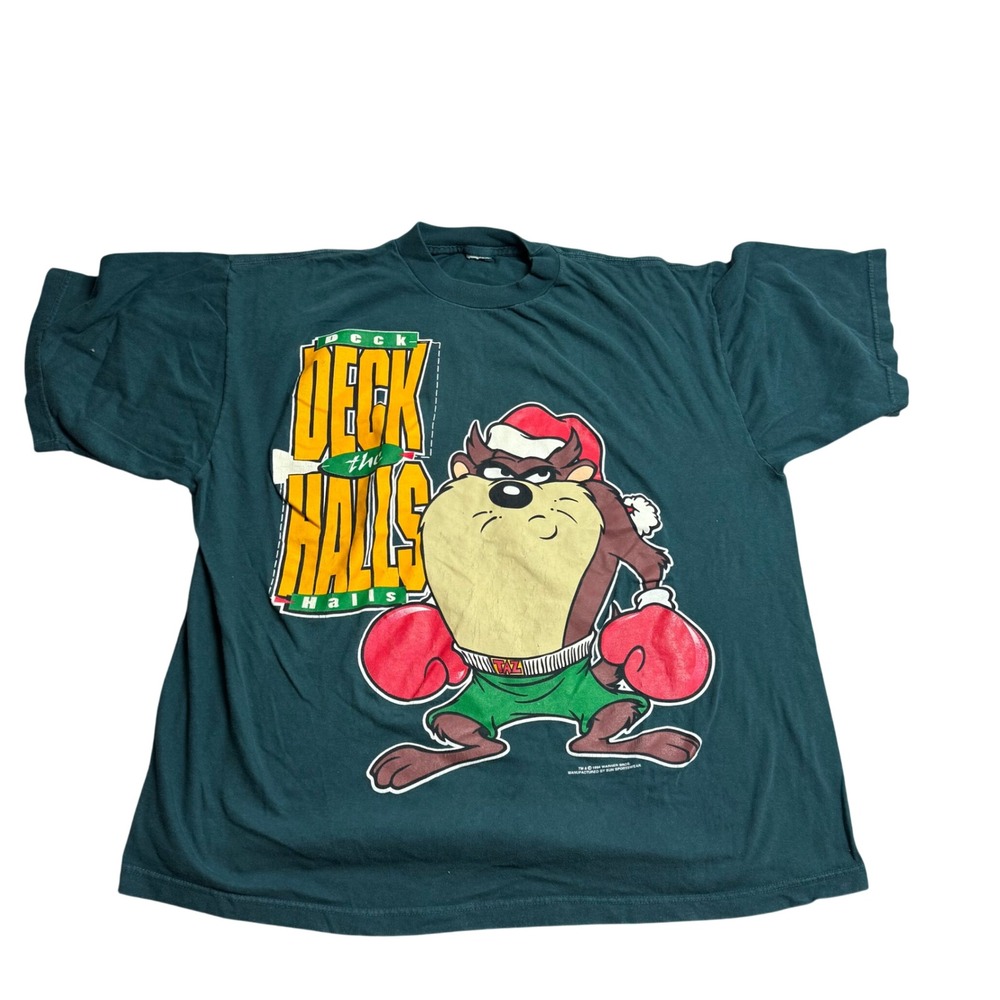 Vintage 1994 Taz Tasmanian Devil Deck the‎ Halls Christmas T Shirt Green XL HTF